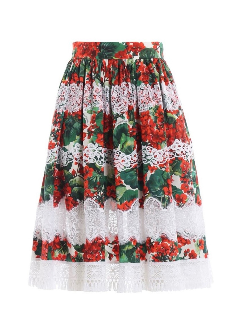 Dolce & Gabbana Red and Green Floral Lace-Trim Full Skirt girls